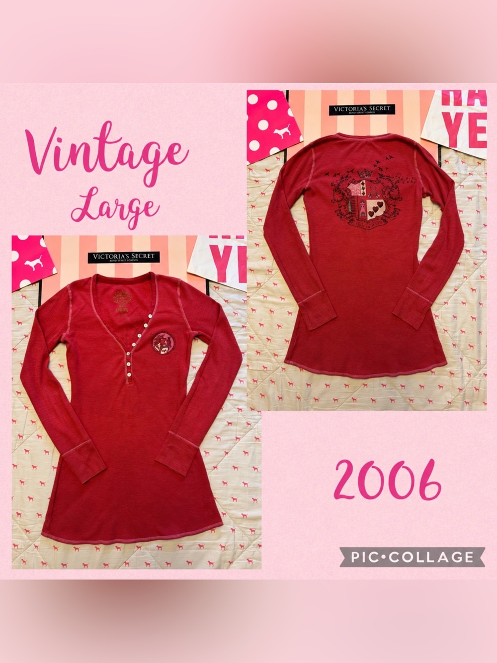 VS PINK VINTAGE Y2K THERMAL HENLEY BABYDOLL DRESS RED ROCK & ROLL LOGO RARE HTF